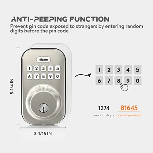 MASOANT Keyless Entry Smart Door Lock Electronic Keypad Deadbolt Lock with Keypads and Key Front Door Lock Set Auto Lock Anti-Peeping Password Weatherproofing Brushed Nickel
