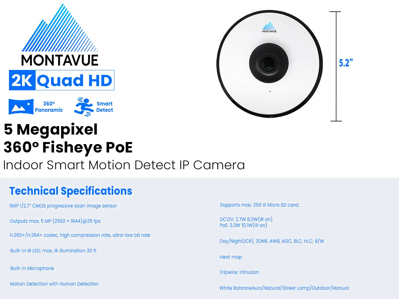 MTF5360X | 5MP 2K 360° Panoramic Fisheye Indoor Security Camera