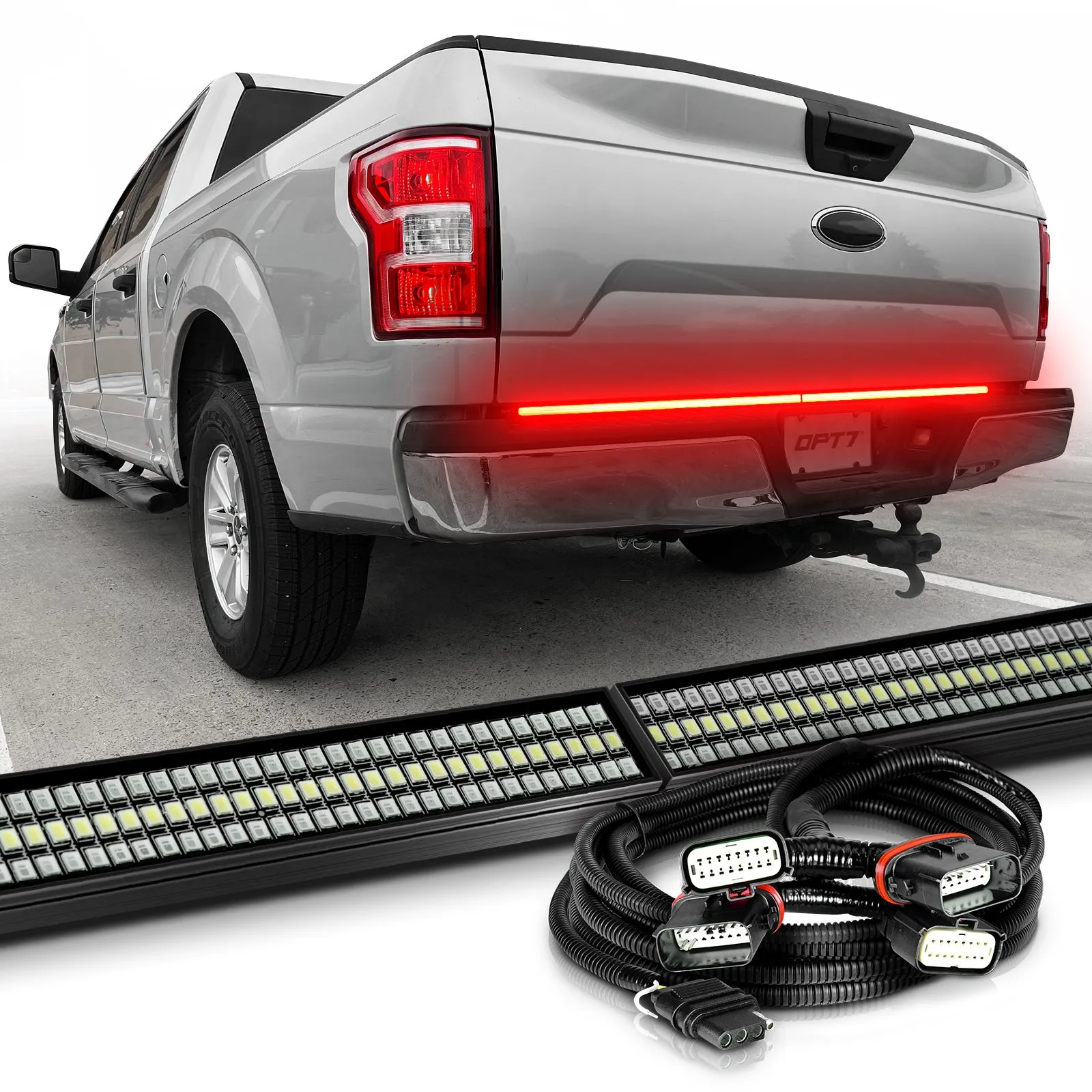 OPT7 Redline Parlux Triple Tailgate Light Bar 60" Bundle for Ford F150 15-20 with Blind Spot Easy Connect Harness