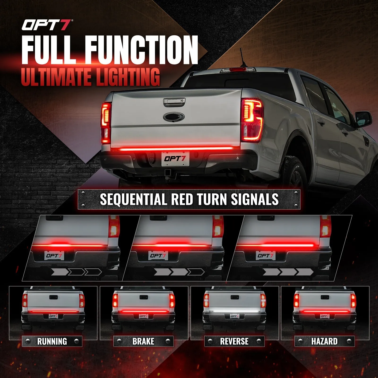 OPT7 Redline Parlux Triple Tailgate Light Bar 60" Bundle for Ford F150 15-20 with Blind Spot Easy Connect Harness