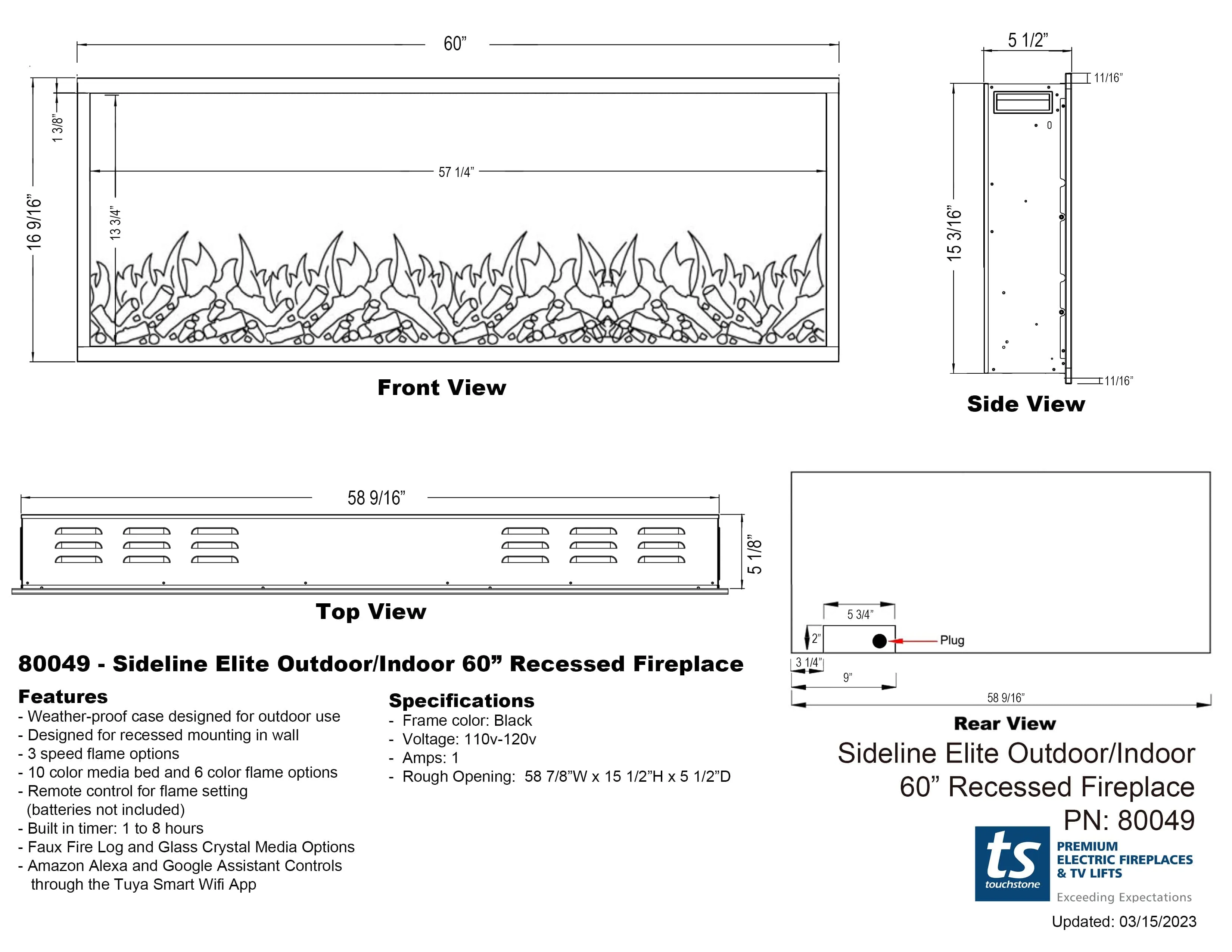 Sideline Elite 60 Inch Recessed Smart Outdoor Weatherproof Electric Fireplace (No Heat) 80049