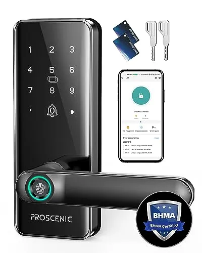 Smart Lock, Proscenic Keyless Entry Door Lock with Handle, Fingerprint Door Locks Support WiFi & Bluetooth, Touchscreen Electronic Door Locks with Keypads for Front Door, Bedroom, Home, Hotel, Airbnb