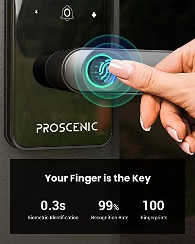 Smart Lock, Proscenic Keyless Entry Door Lock with Handle, Fingerprint Door Locks Support WiFi & Bluetooth, Touchscreen Electronic Door Locks with Keypads for Front Door, Bedroom, Home, Hotel, Airbnb