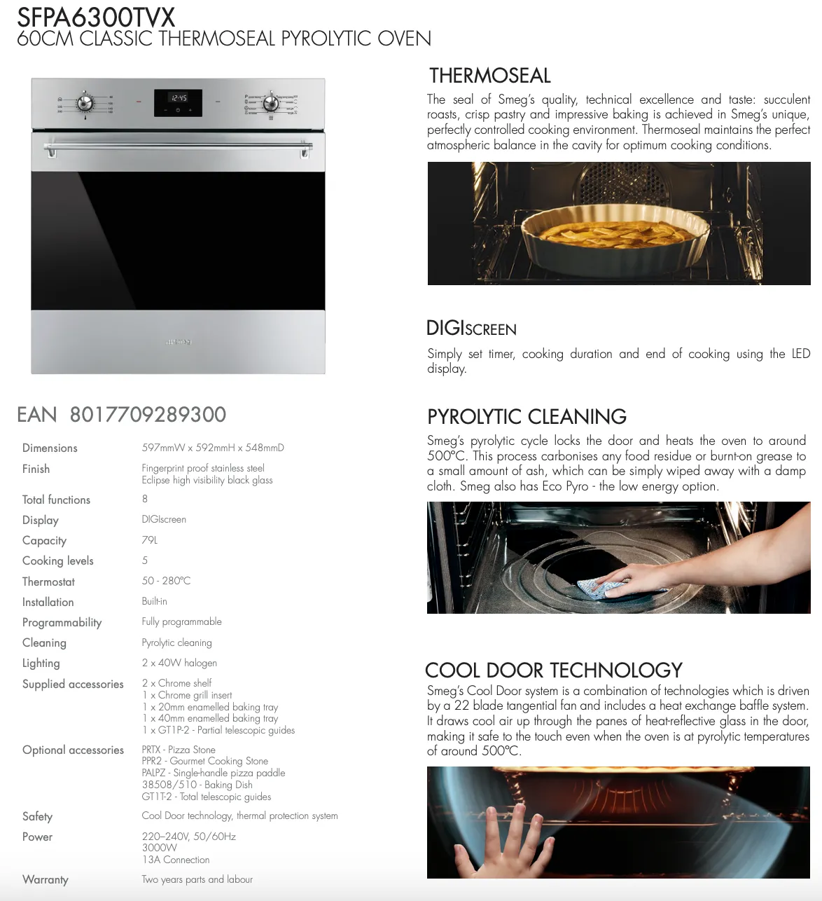 Smeg SFPA6300TVX 60cm Classic Thermoseal Pyrolytic Built-In Oven - Ex Display Discount