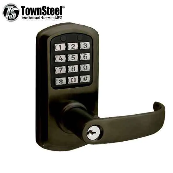TownSteel - e-Elite 2010 - Electronic Push Button Lever Set - 2-3/4″ Backset - Rigid Lever Set - Oil Rubbed Bronze - Key Override - Grade 1