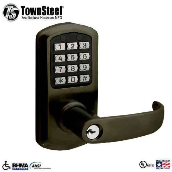 TownSteel - e-Elite 2010 - Electronic Push Button Lever Set - 2-3/4″ Backset - Rigid Lever Set - Oil Rubbed Bronze - Key Override - Grade 1