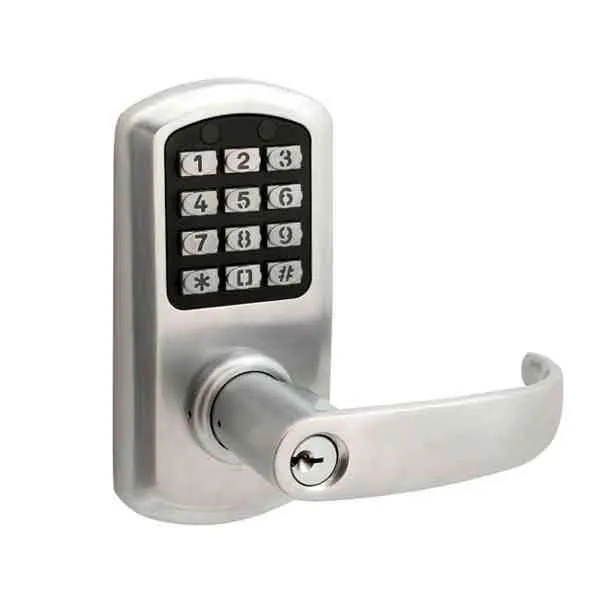 TownSteel - e-Elite 2010 - Electronic Push Button Lever Set - 2-3/4″ Backset - Rigid Lever Set - Satin Chrome  - Key Override - Grade 1