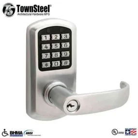 TownSteel - e-Elite 2010 - Electronic Push Button Lever Set - 2-3/4″ Backset - Rigid Lever Set - Satin Chrome  - Key Override - Grade 1