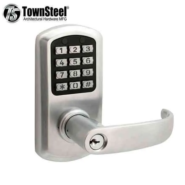 TownSteel - e-Elite 2010 - Electronic Push Button Lever Set - 2-3/4″ Backset - Rigid Lever Set - Satin Chrome  - Key Override - Grade 1