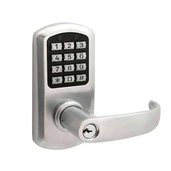 TownSteel - e-Elite 2010 - Electronic Push Button Lever Set - 2-3/8″ Backset - Rigid Lever Set - Satin Chrome  - Key Override - Grade 1