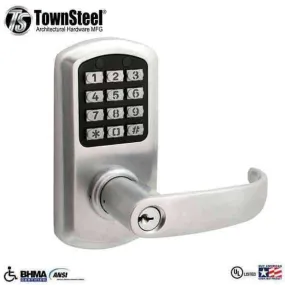 TownSteel - e-Elite 2010 - Electronic Push Button Lever Set - 2-3/8″ Backset - Rigid Lever Set - Satin Chrome  - Key Override - Grade 1