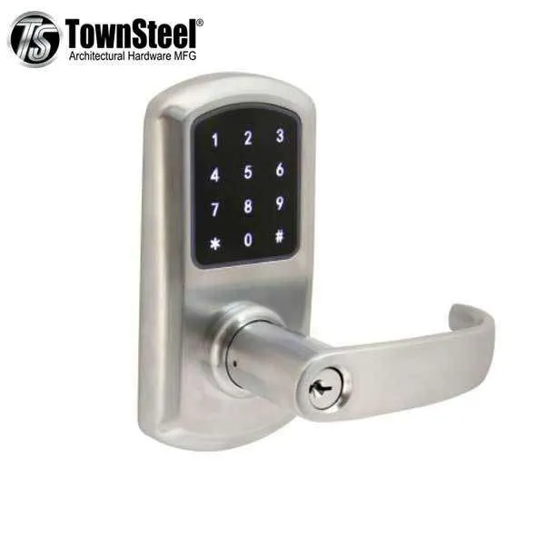 TownSteel - e-Elite 4010 - Electronic Push Button Lever Set - RFID - 2-3/4″ Backset - Rigid Lever Set - Satin Chrome  - Key Override - Grade 1