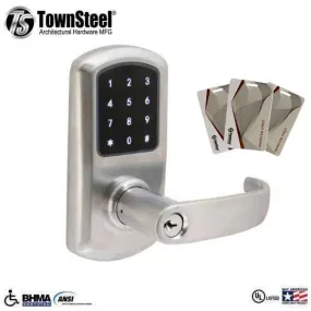 TownSteel - e-Elite 4010 - Electronic Push Button Lever Set - RFID - 2-3/4″ Backset - Rigid Lever Set - Satin Chrome  - Key Override - Grade 1