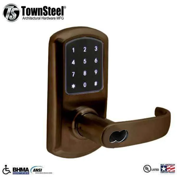 TownSteel - e-Elite 4010 - Electronic Push Button Lever Set - RFID - IC Core (SFIC) - 2-3/4″ Backset - Rigid Lever Set - Oil Rubbed Bronze - Key Override - Grade 1