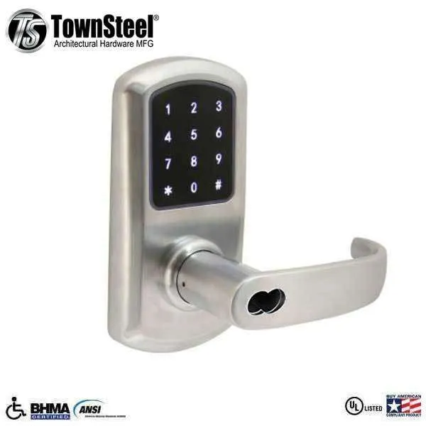 TownSteel - e-Elite 4010 - Electronic Push Button Lever Set - RFID - IC Core (SFIC) - 2-3/4″ Backset - Rigid Lever Set - Satin Chrome  - Key Override - Grade 1