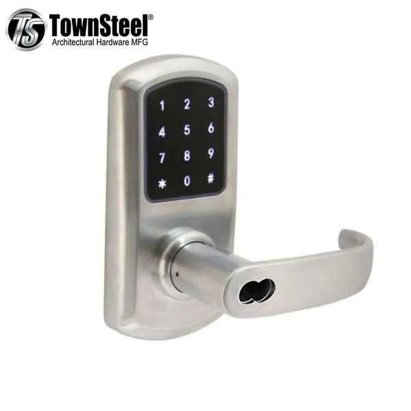 TownSteel - e-Elite 4010 - Electronic Push Button Lever Set - RFID - IC Core (SFIC) - 2-3/4″ Backset - Rigid Lever Set - Satin Chrome  - Key Override - Grade 1