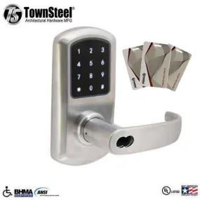 TownSteel - e-Elite 4010 - Electronic Push Button Lever Set - RFID - IC Core (SFIC) - 2-3/4″ Backset - Rigid Lever Set - Satin Chrome  - Key Override - Grade 1