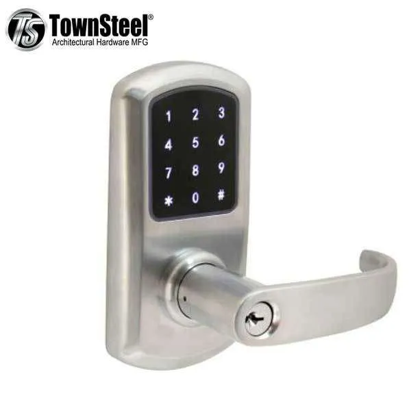 TownSteel - e-Elite 5010 - Electronic Push Button Lever Set - Wi-Fi - Optional Backset - Rigid Lever Set - Satin Chrome  - Key Override - Grade 1