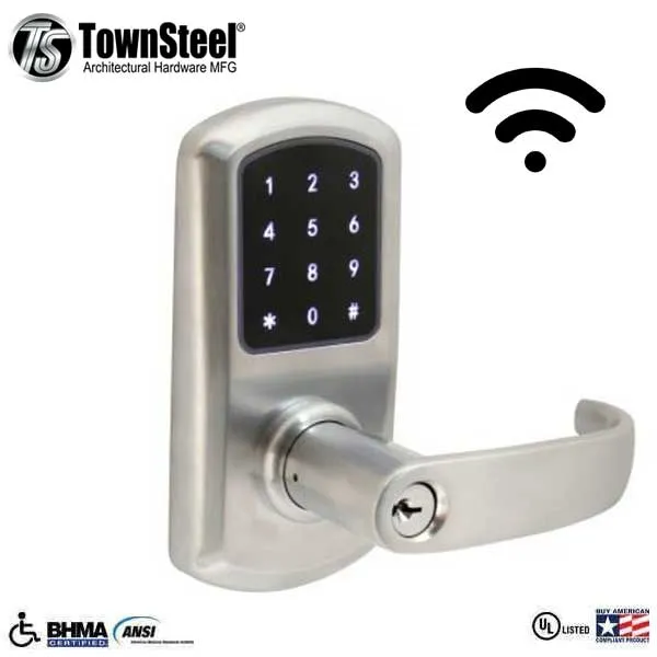 TownSteel - e-Elite 5010 - Electronic Push Button Lever Set - Wi-Fi - Optional Backset - Rigid Lever Set - Satin Chrome  - Key Override - Grade 1