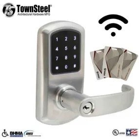 TownSteel - e-Elite 5010 - Electronic Push Button Lever Set - Wi-Fi - Optional Backset - Rigid Lever Set - Satin Chrome  - Key Override - Grade 1