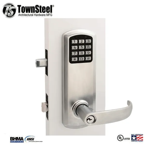 TownSteel - E-Genius 2000 - Interconnected Electronic Push Button Lock - Entry - 4" - On Center - Right Handed - Satin Chrome - Grade 1