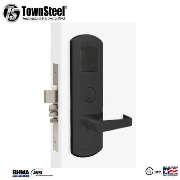 TownSteel - E-Kontos 1B 5000 Series Mortise Lock - Bluetooth - Automated Deadbolt - 2-3/4″ Backset - Quest Lever Set - Right Handed - Flat Black - Keyed Different - Grade 1